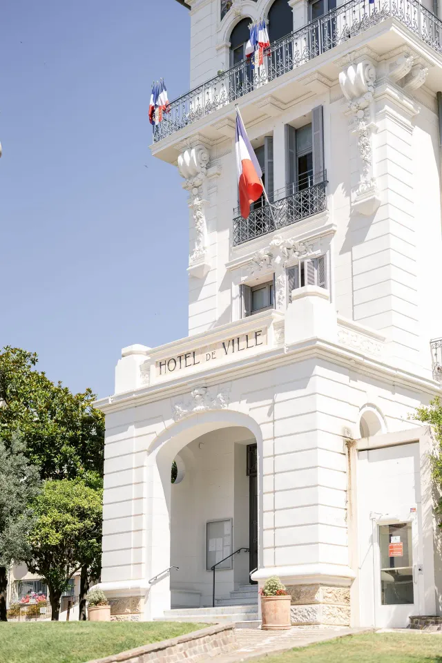 Monaco town hall façade flagged for the civil ceremony