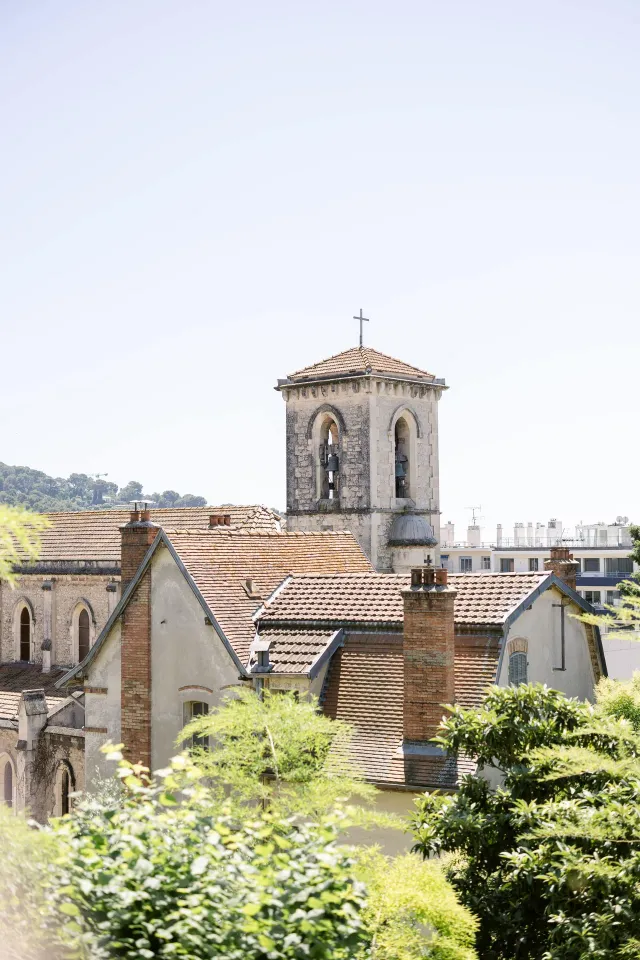 Rooftops and bell tower of the old village above the Mediterranean