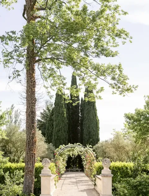 Arche fleurie et cyprès dans le parc du Château de Tourreau