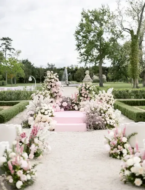 Allée de cérémonie fleurie menant au bassin du château