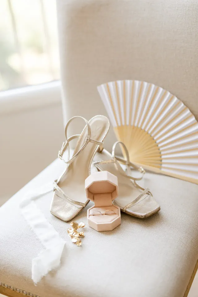 Bridal shoes and a fan resting on a pale armchair