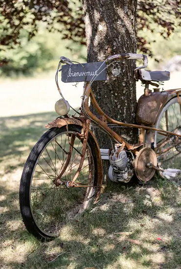 Decorated vintage bicycle and welcome slate beneath a tree