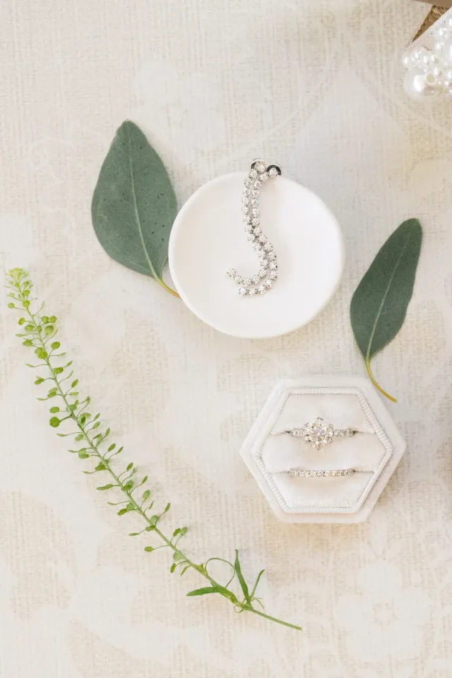 Rings and jewellery on a white dish with foliage
