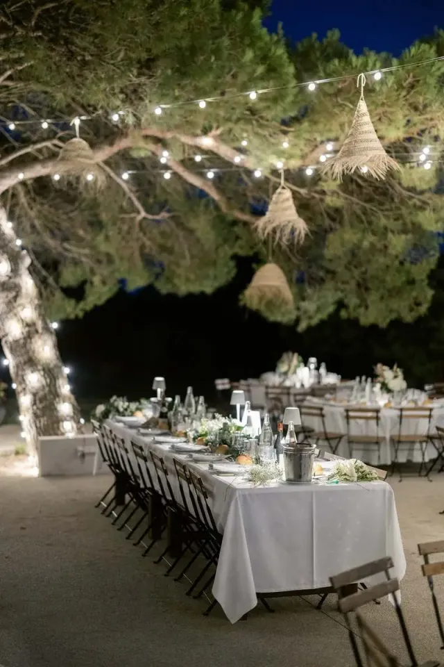 Long wedding table set under a pine tree with string lights at dusk in Provence